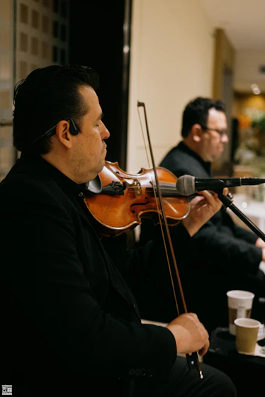 Musicians playing violins in a formal setting.