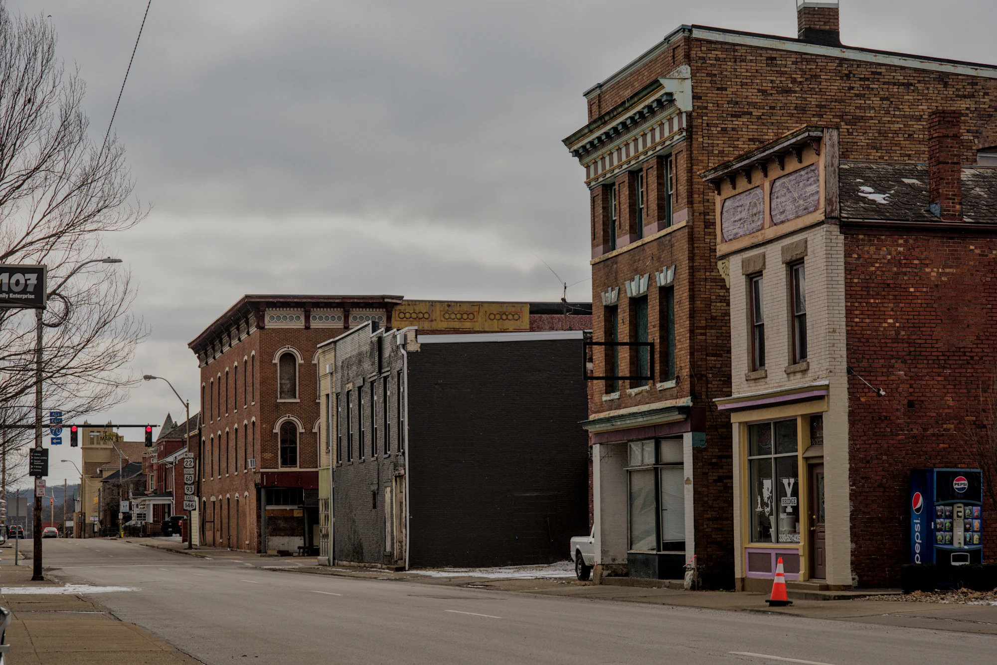 A row of historic brick storefronts
