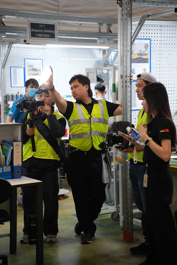 Équipe d'inspection qualité avec gilets de sécurité en usine