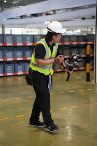 Man in hard hat filming with gimbal stabilizer