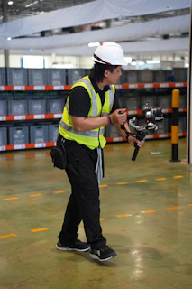 Man in hard hat filming with gimbal stabilizer