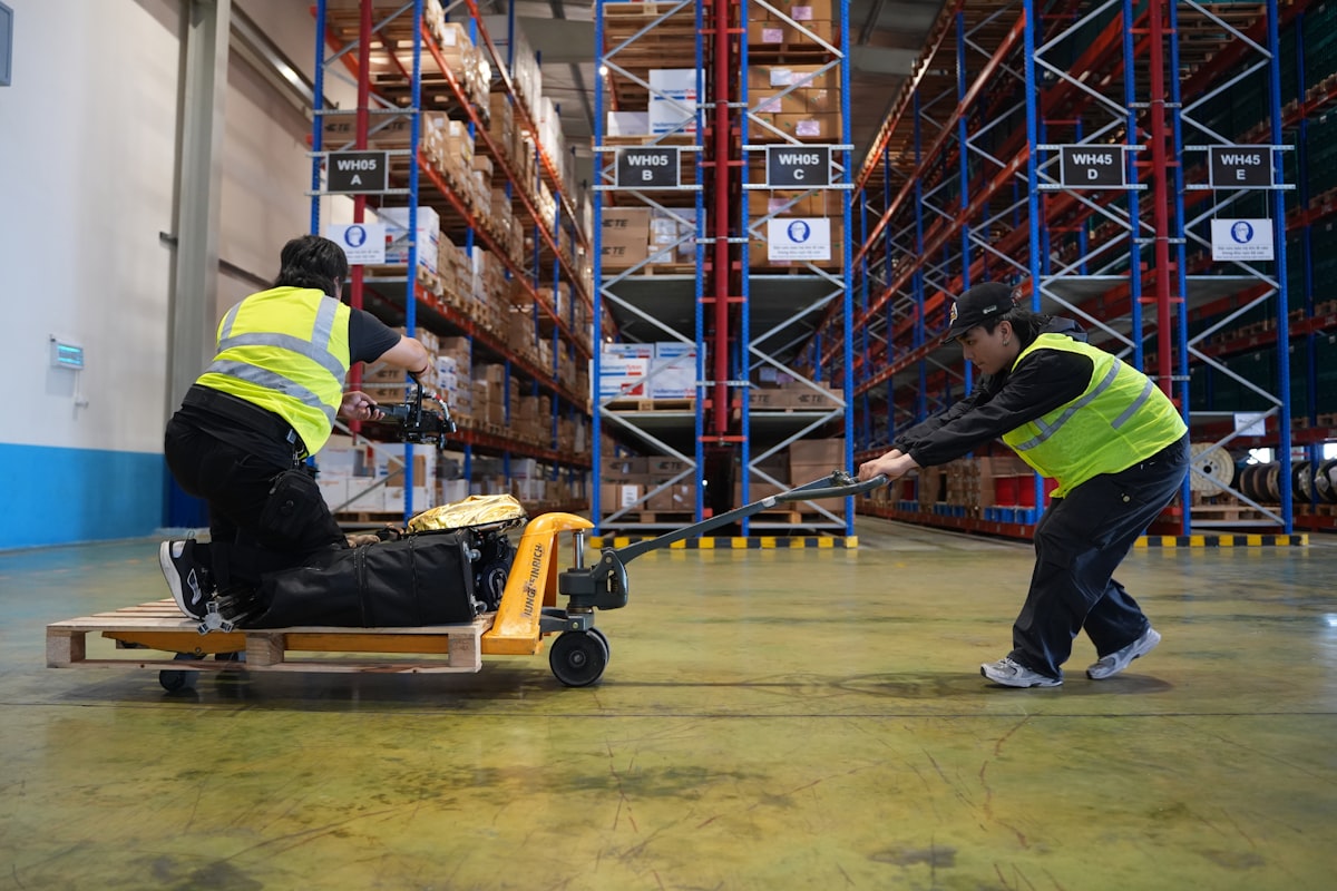 Workers moving pallets in a logistics warehouse