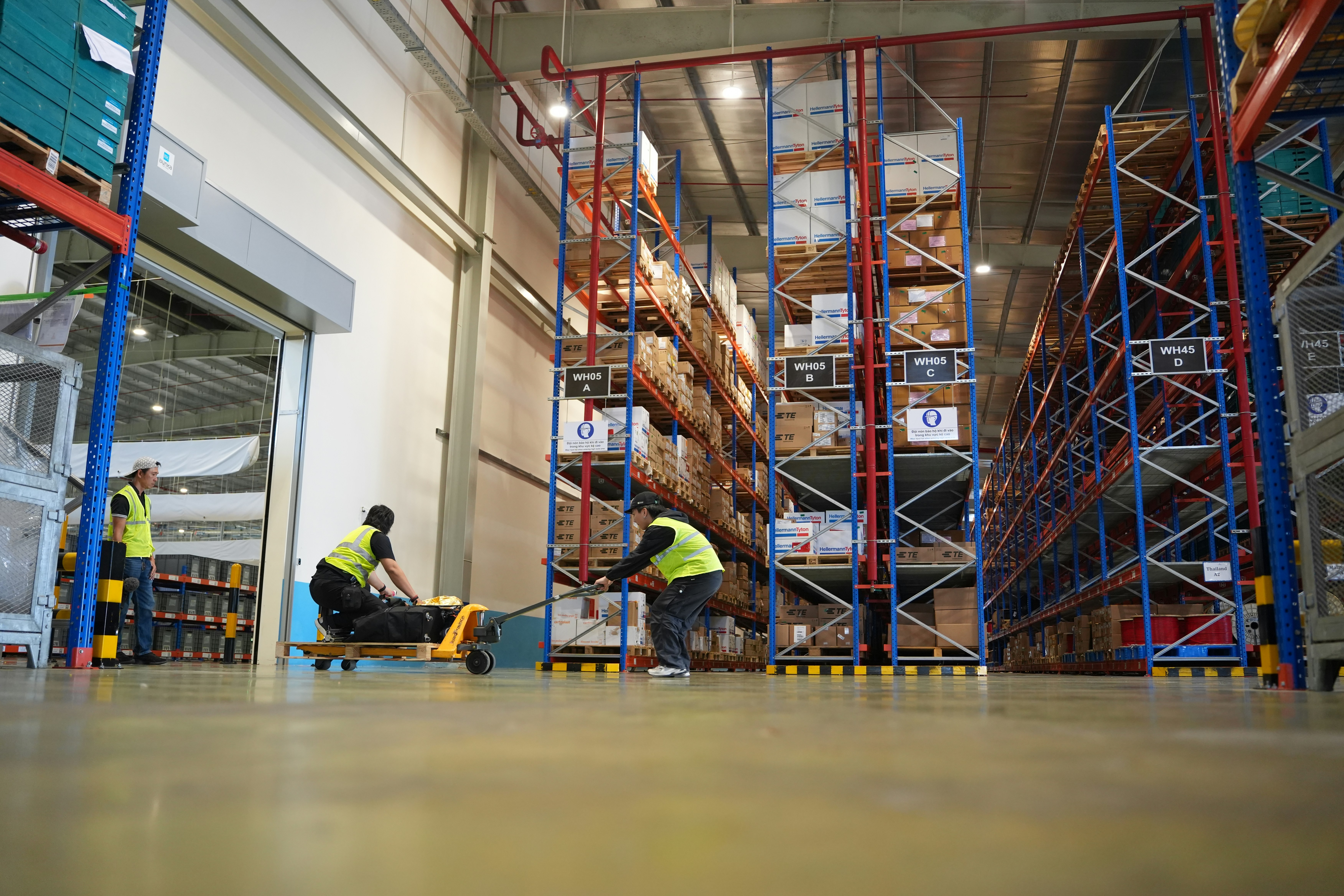 Workers moving pallets in a large warehouse with tall shelves