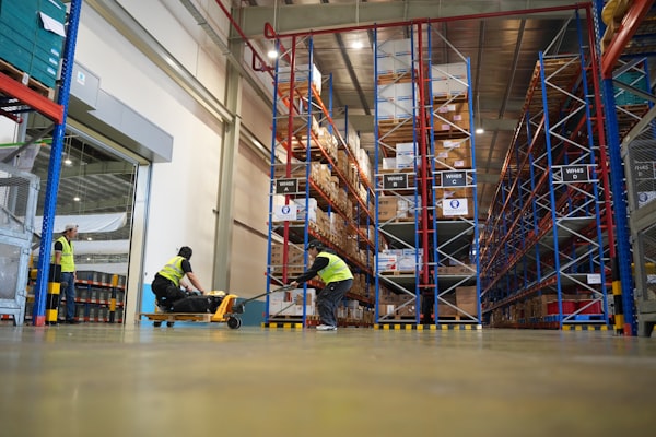 Modern warehouse team moving pallets through tall shelves