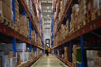 Rows of shelves filled with boxes in a warehouse.