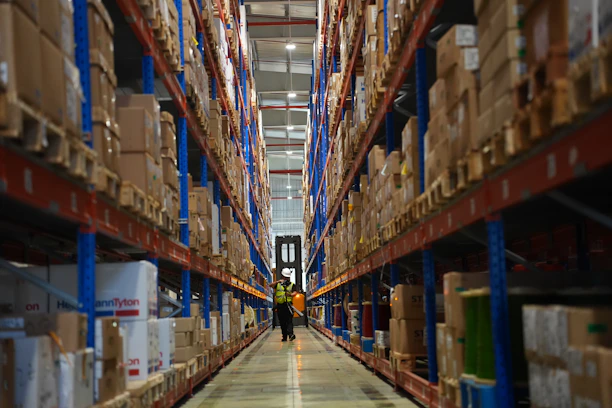 Rows of shelves filled with boxes in a warehouse.
