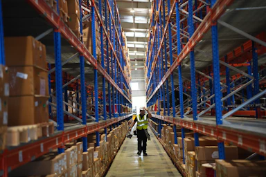 Worker walks through a large warehouse with tall shelves.