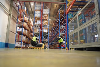 Workers organizing shelves in a brightly lit warehouse.