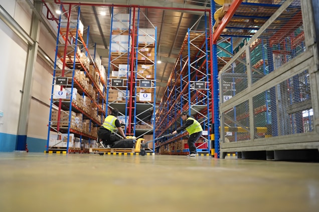 Workers organizing shelves in a brightly lit warehouse.