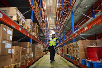 Man in reflective vest walks down warehouse aisle.