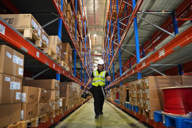 Man in reflective vest walks down warehouse aisle.