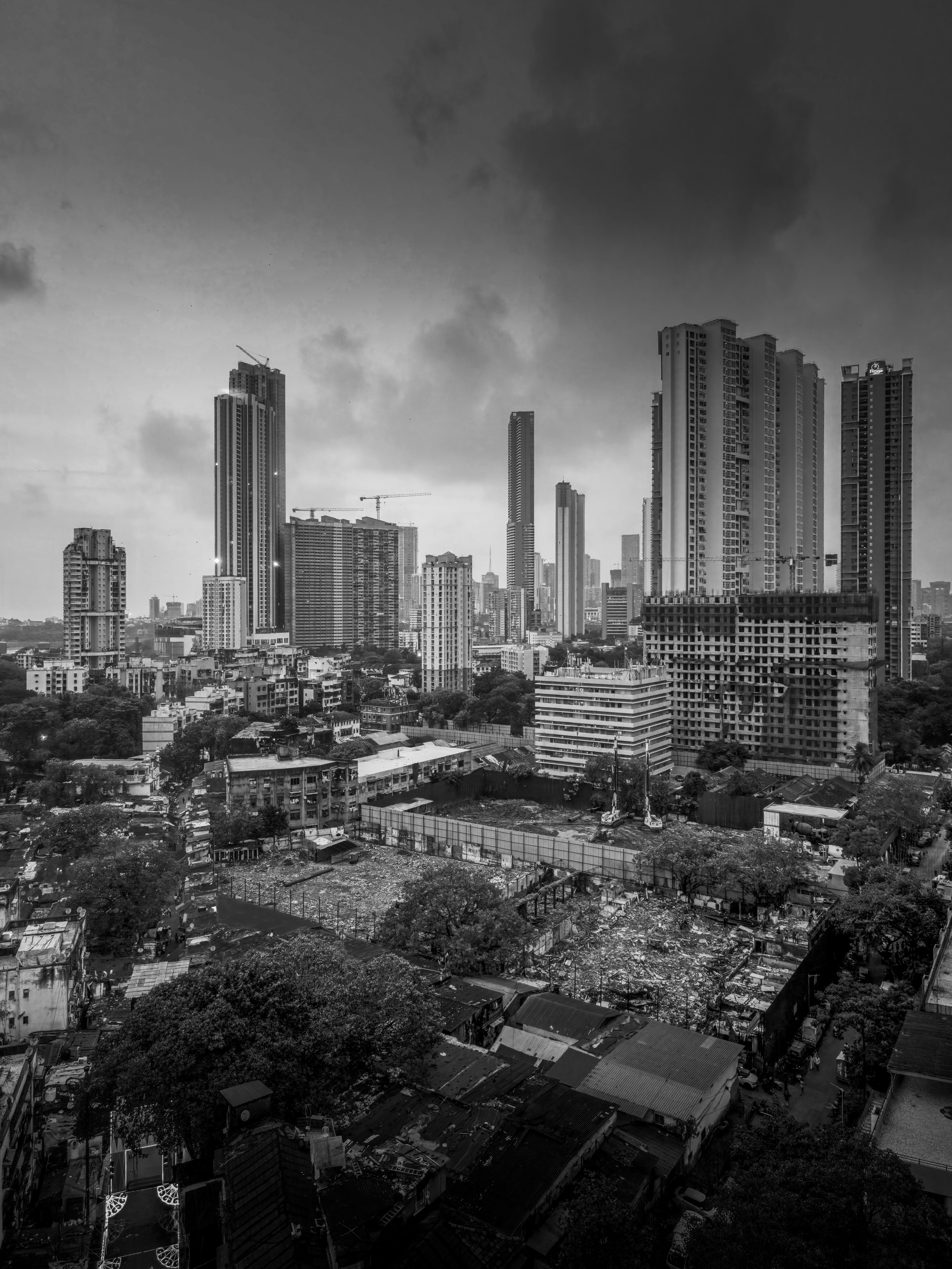 Paysage urbain monochrome avec de hauts immeubles sous un ciel nuageux