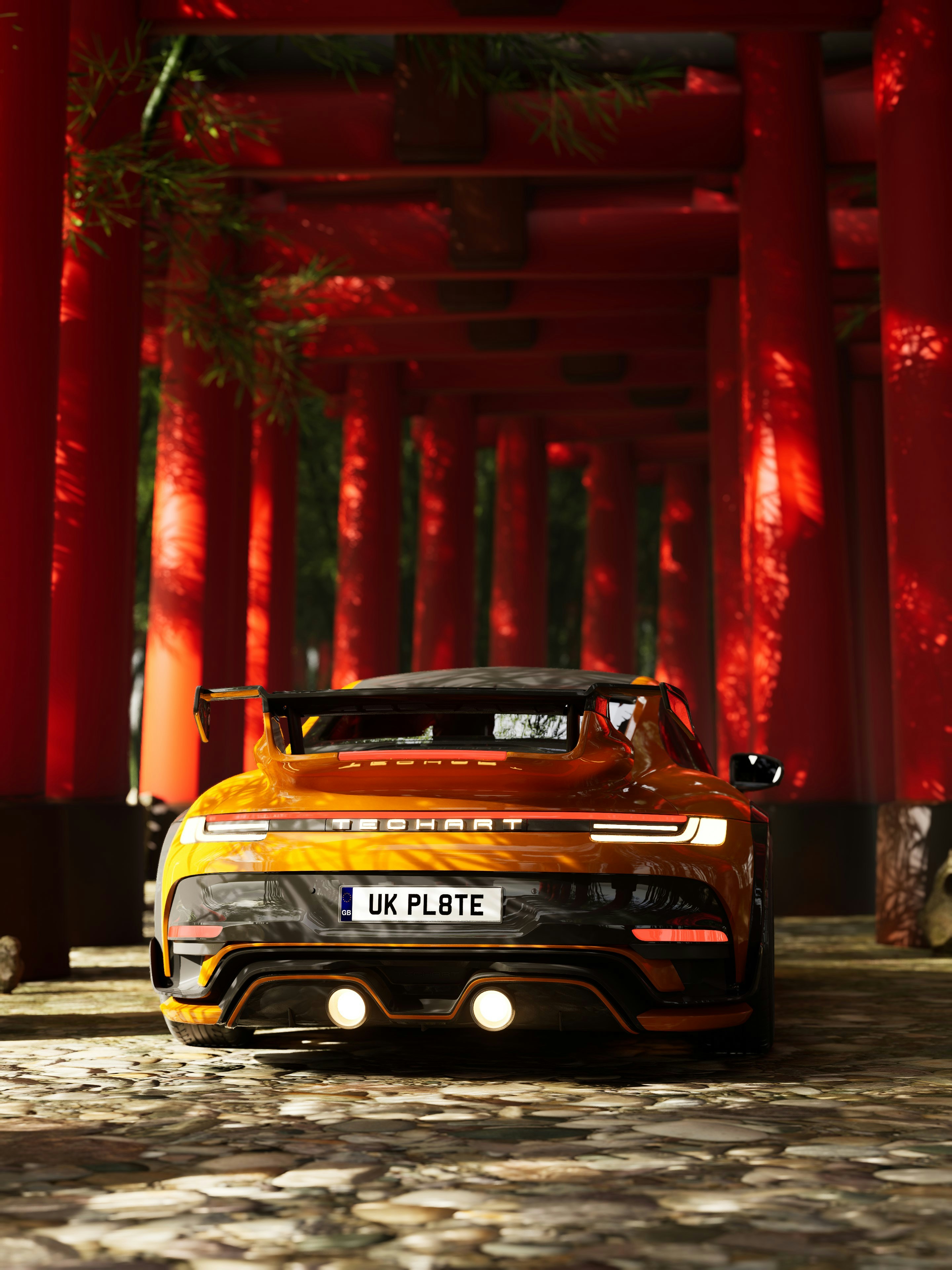 Orange sports car parked between red torii gates