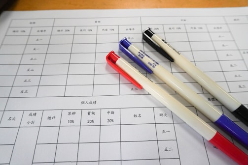 Three pens resting on a grid paper
