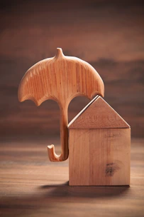 Wooden umbrella protecting a wooden house on a wooden surface.