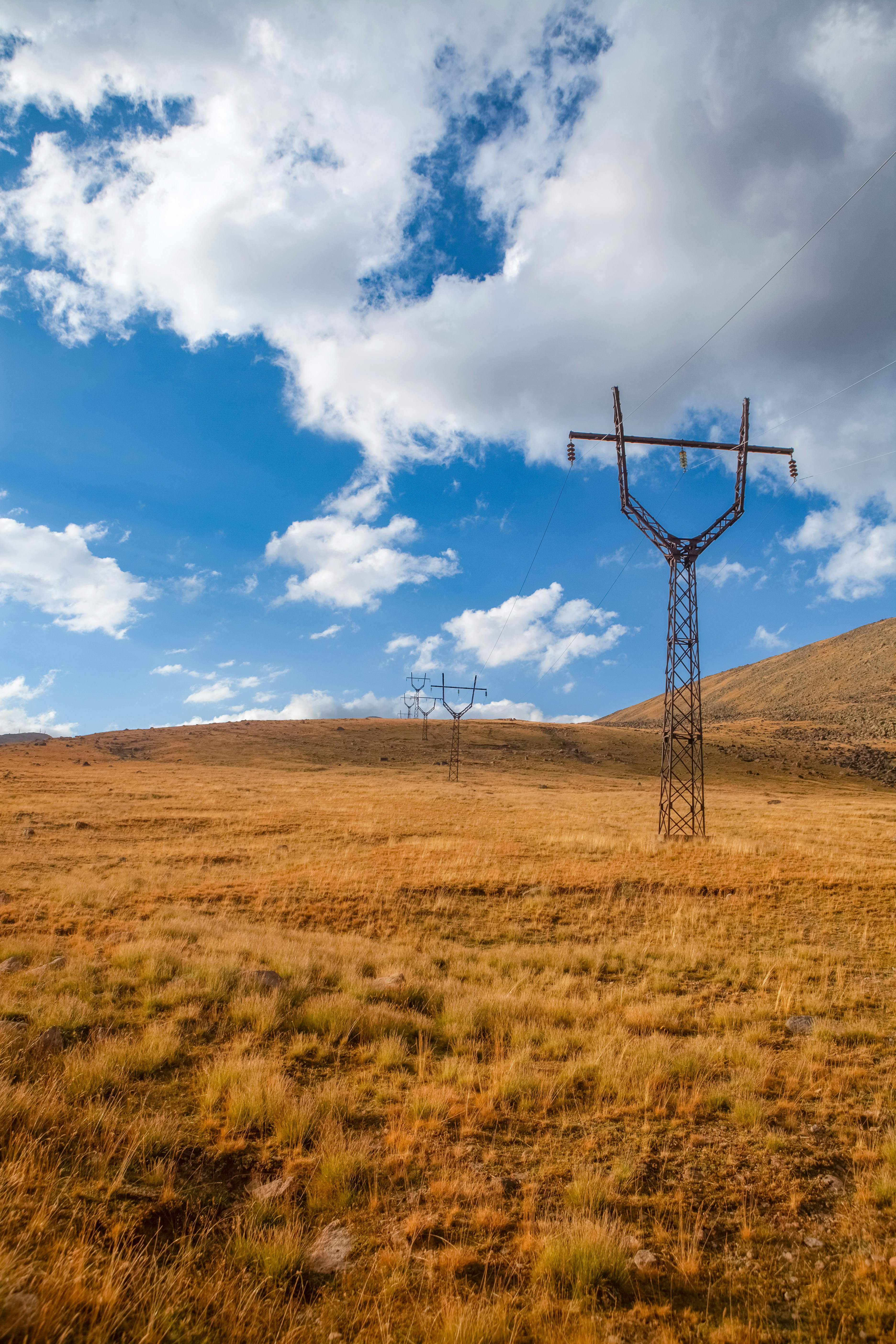 Power lines traverse a dry, grassy landscape under clouds.