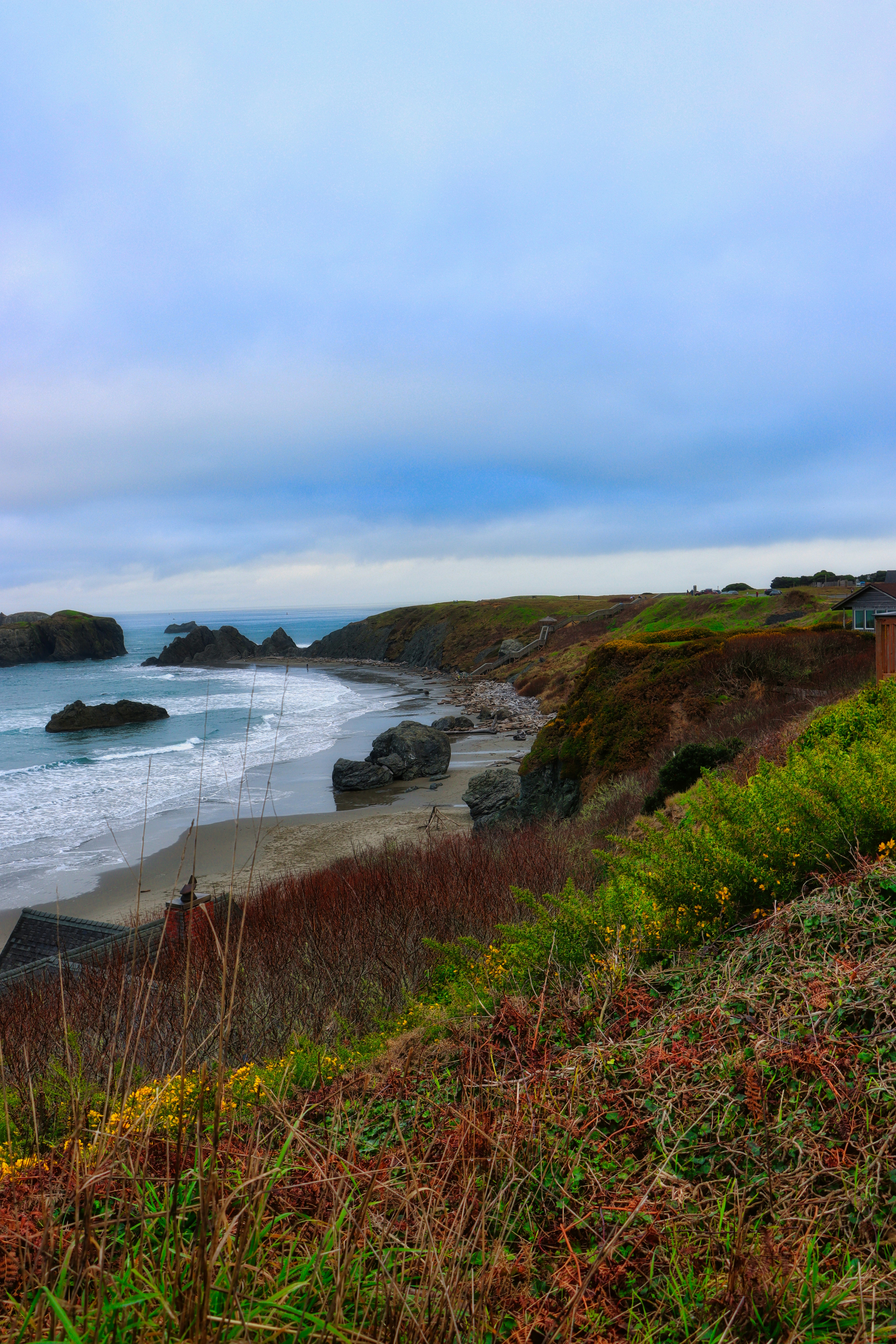 Coastal landscape with ocean waves and rocky shore