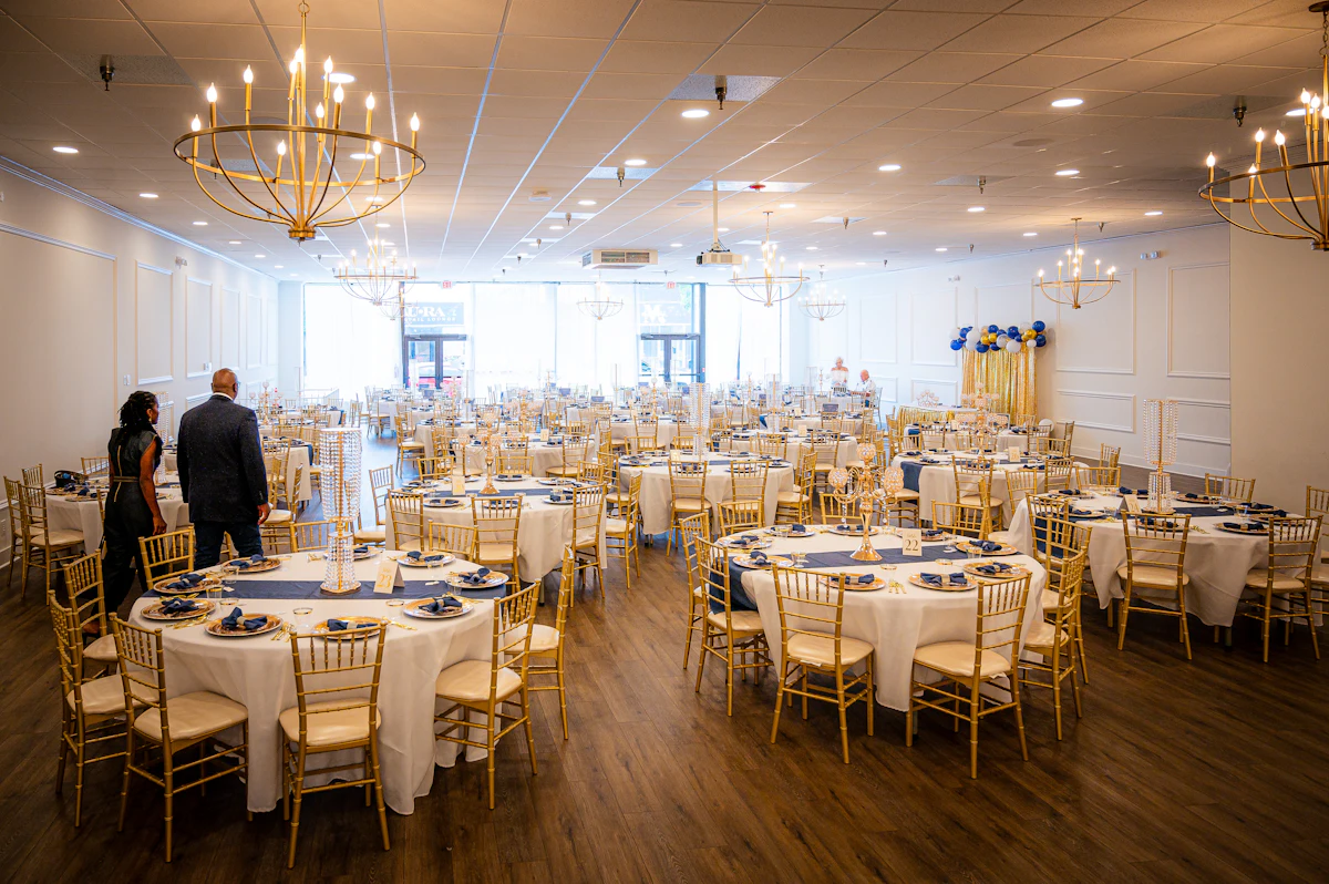 Banquet hall set up with round tables for an event