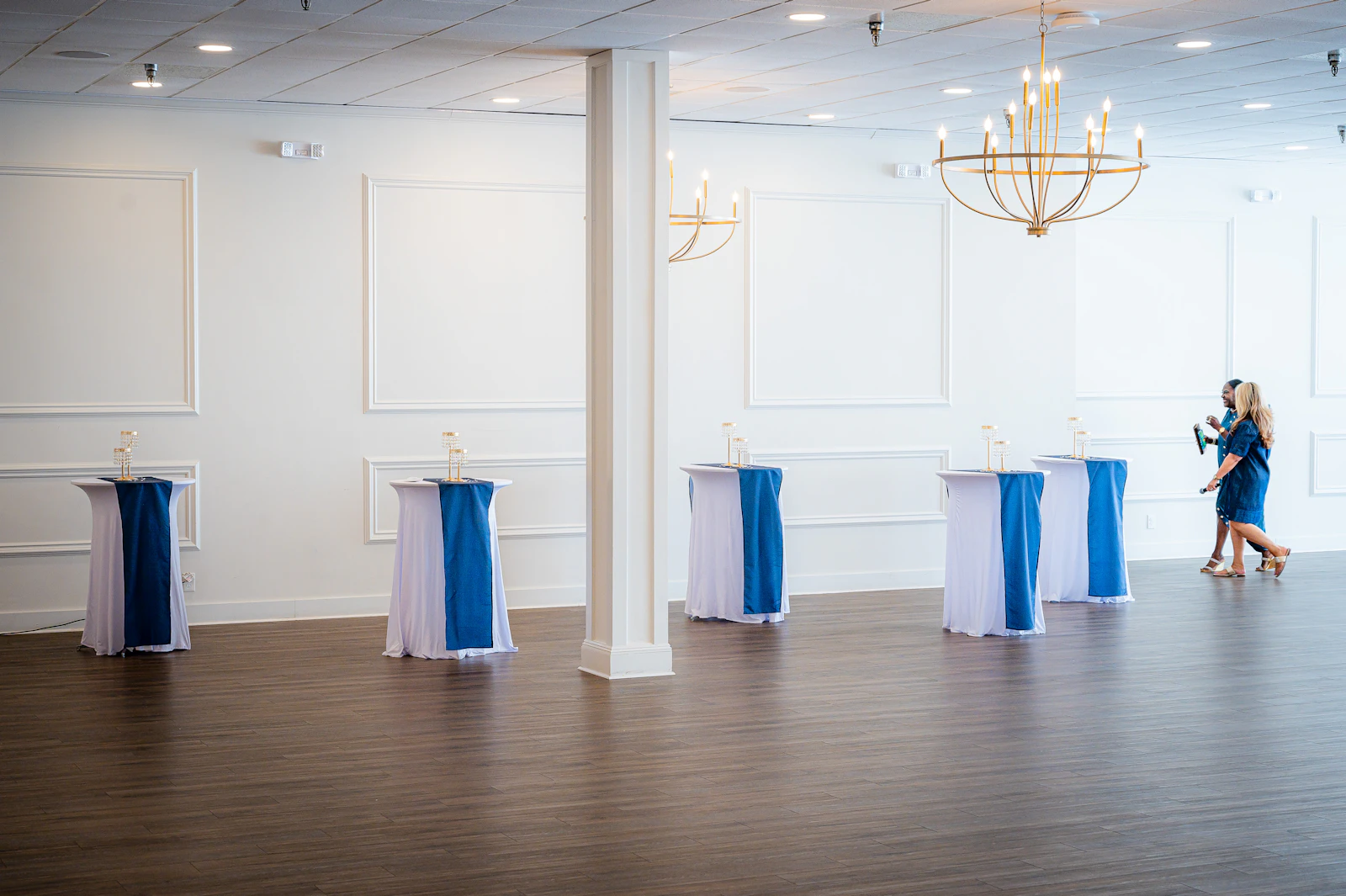 An event space set up with high tables