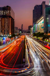 City street with light trails at dusk
