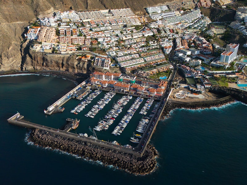 Vista aérea de un puerto deportivo con muchas embarcaciones atracadas