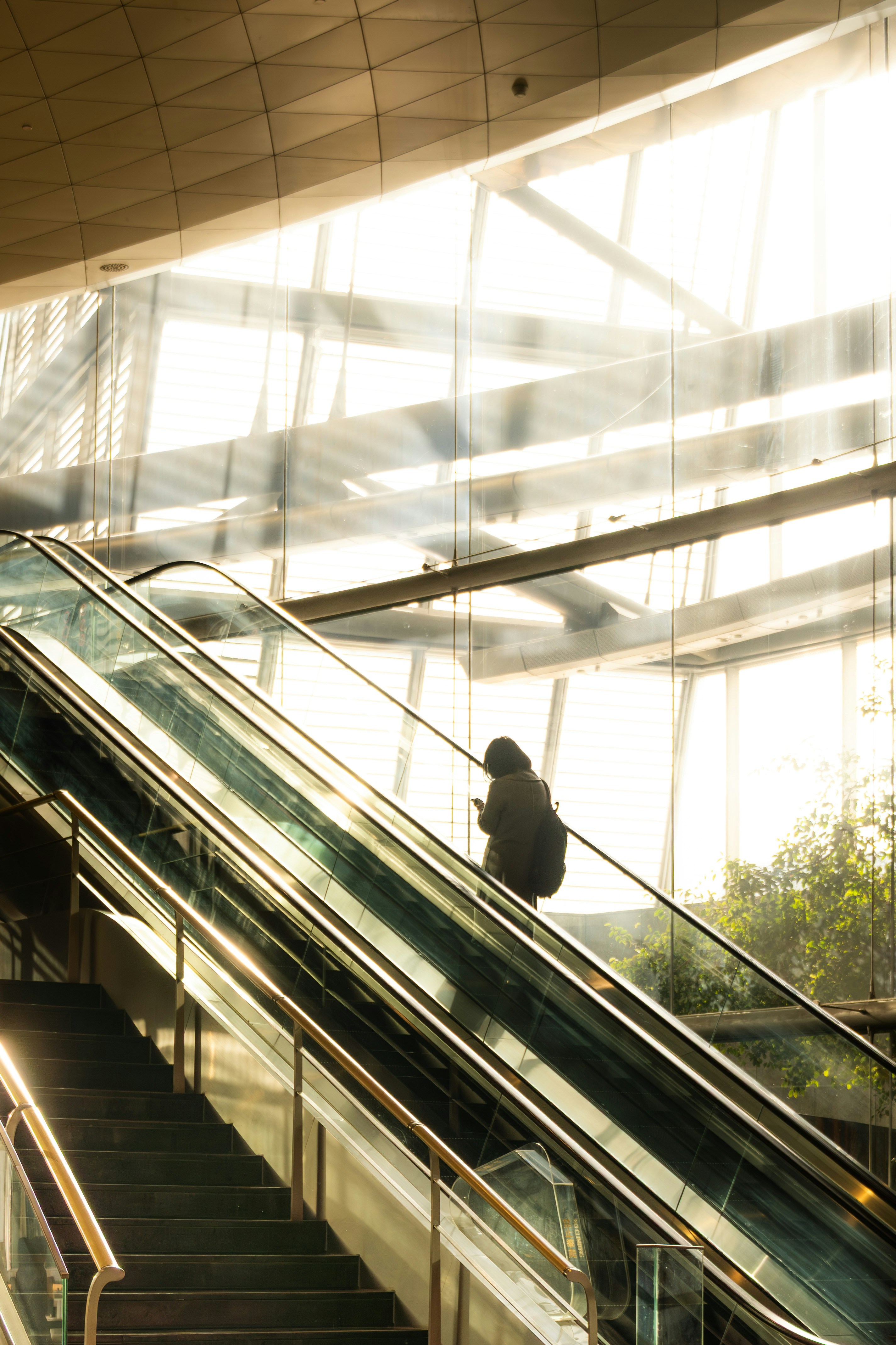 Person on escalator in modern building with sunlight