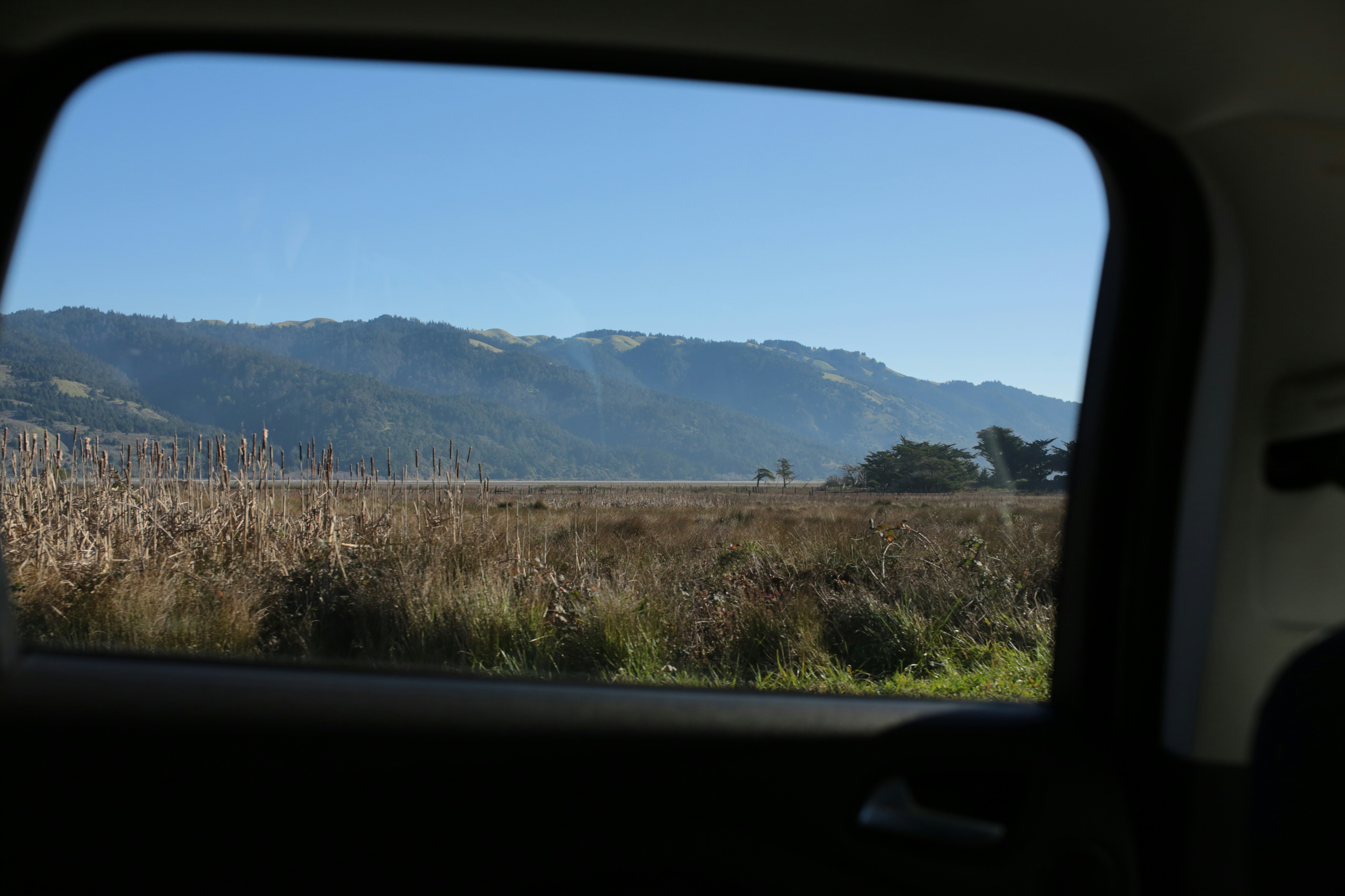 View of rolling hills and dry grass through car window
