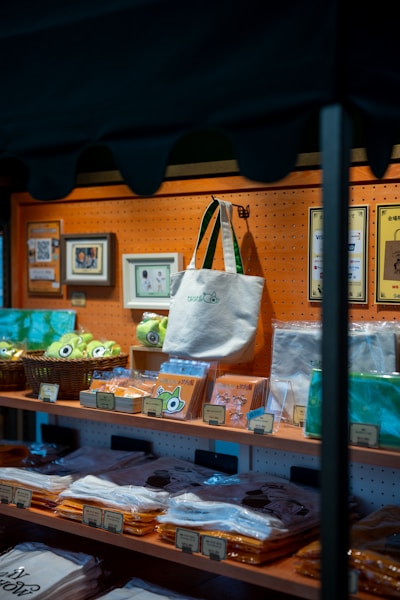 Merchandise displayed on shelves in a store.