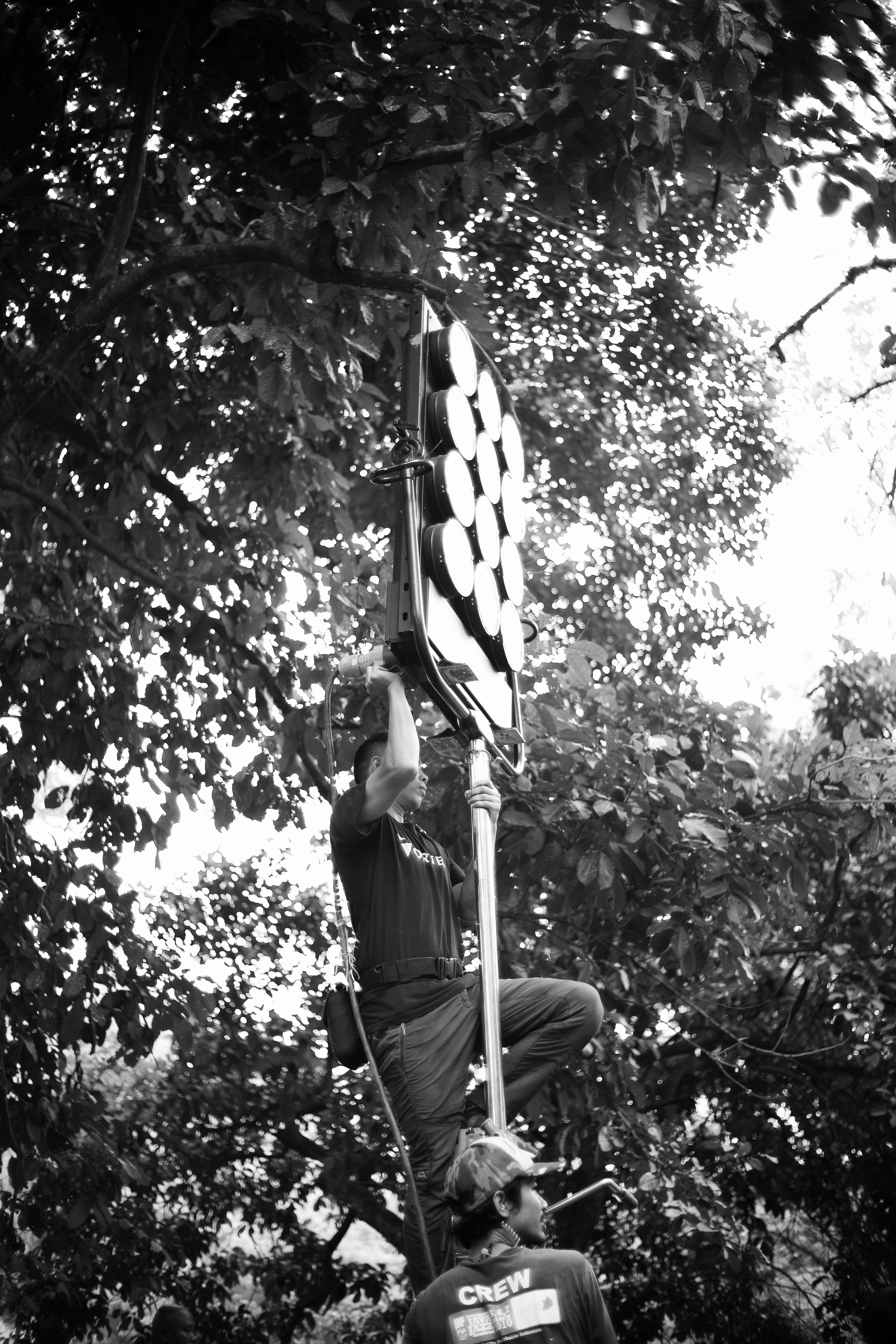 Man holding large light fixture on a ladder outdoors.