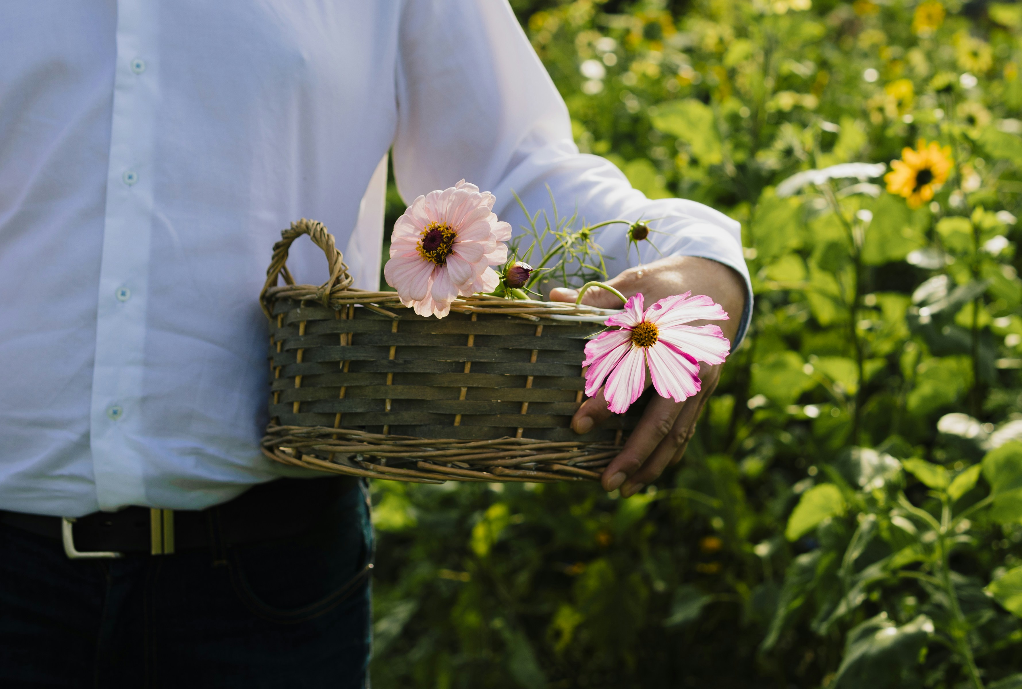 Person holding a basket with flowers in a field