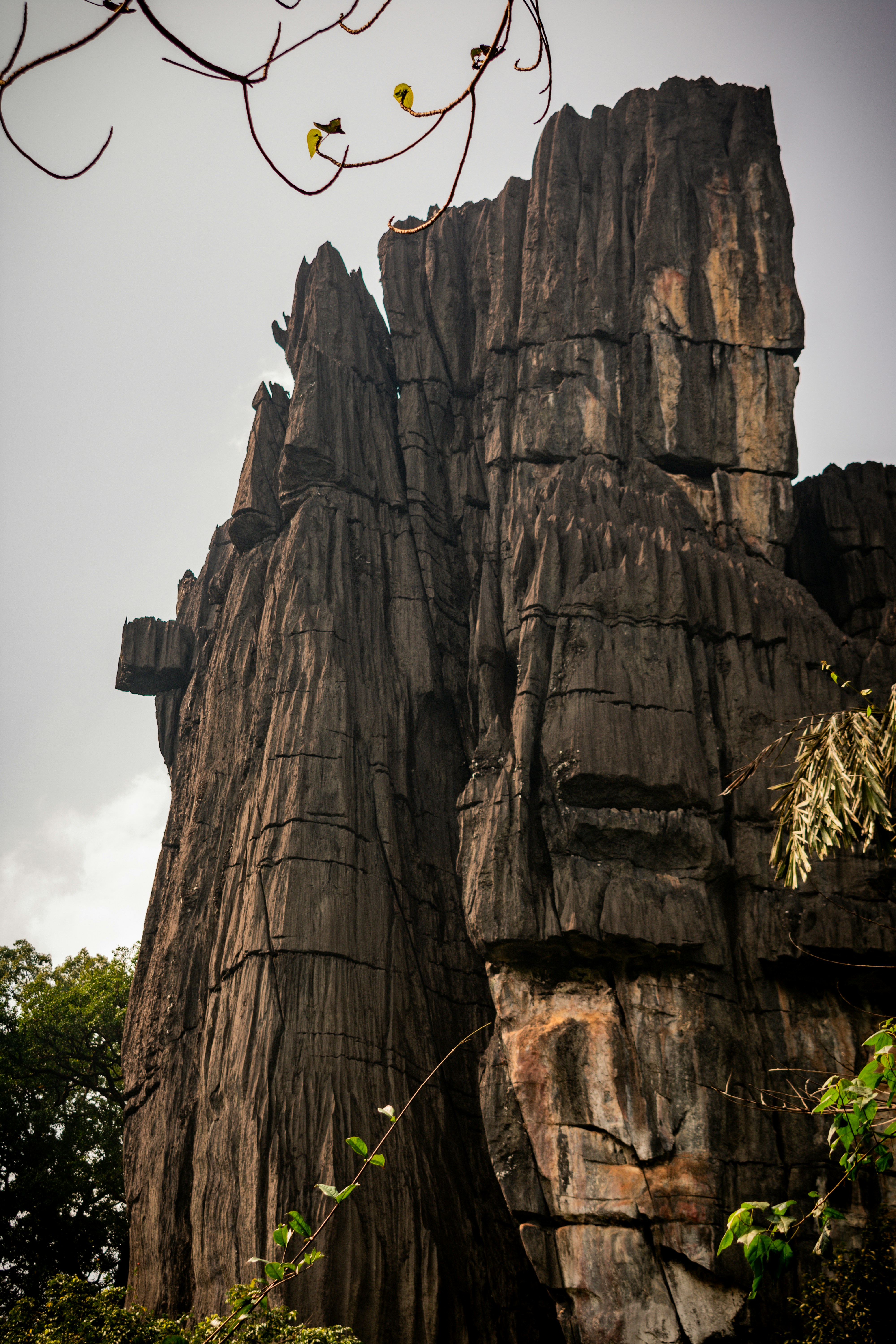 Tall, weathered rock formations rise against a cloudy sky.