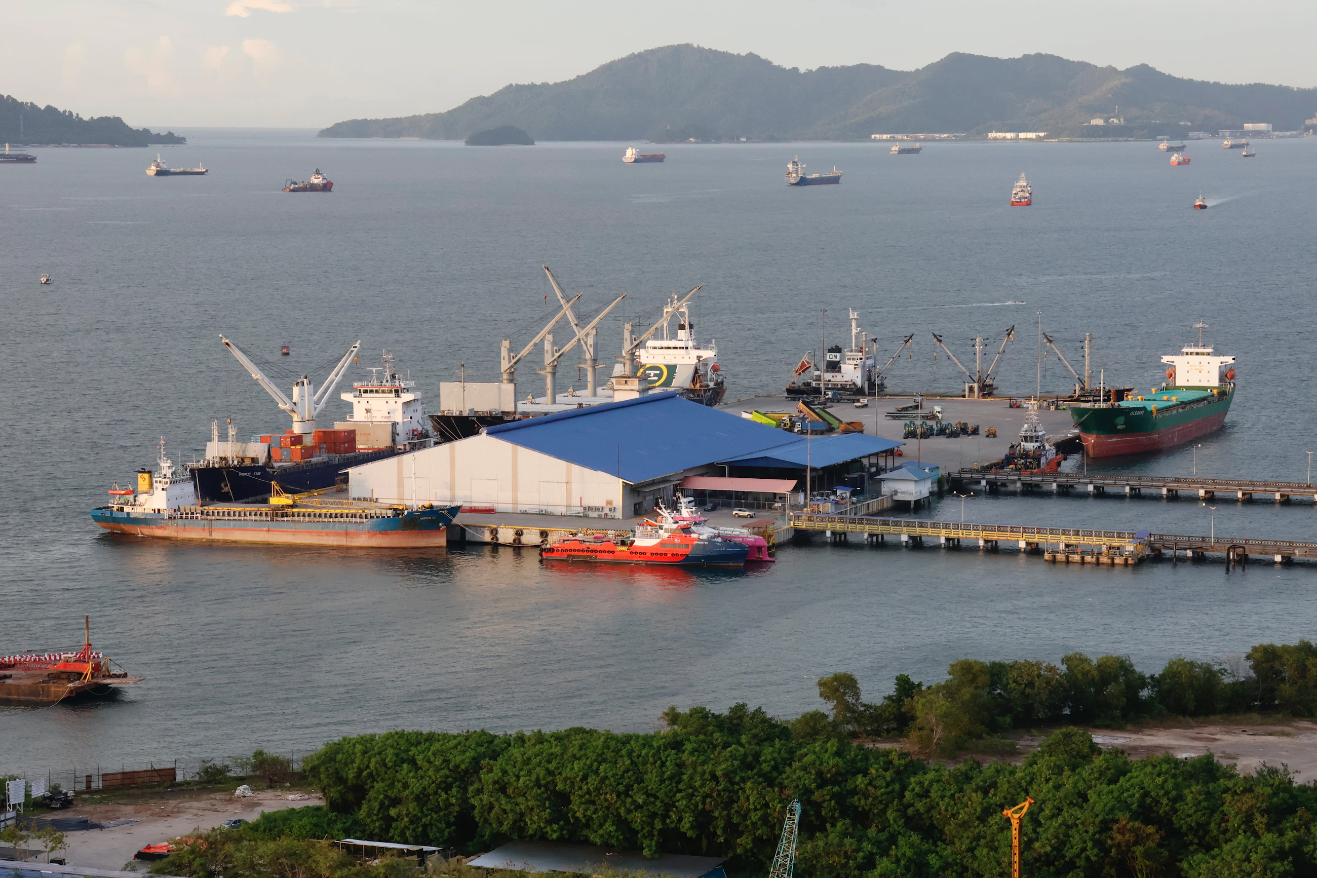 Cargo ships and cranes at an industrial port