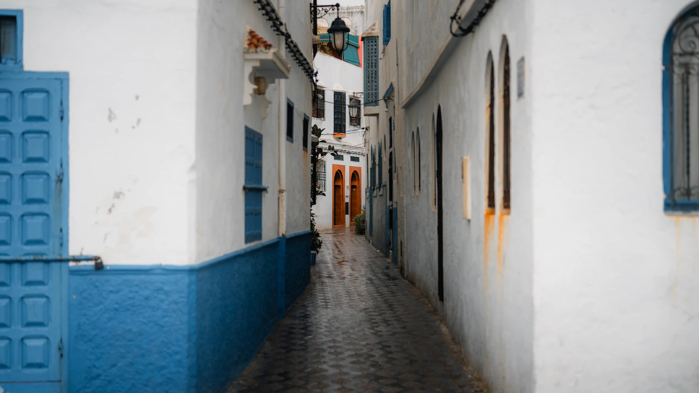 Blue and white medina street in Asilah