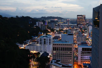 City skyline with buildings illuminated at dusk