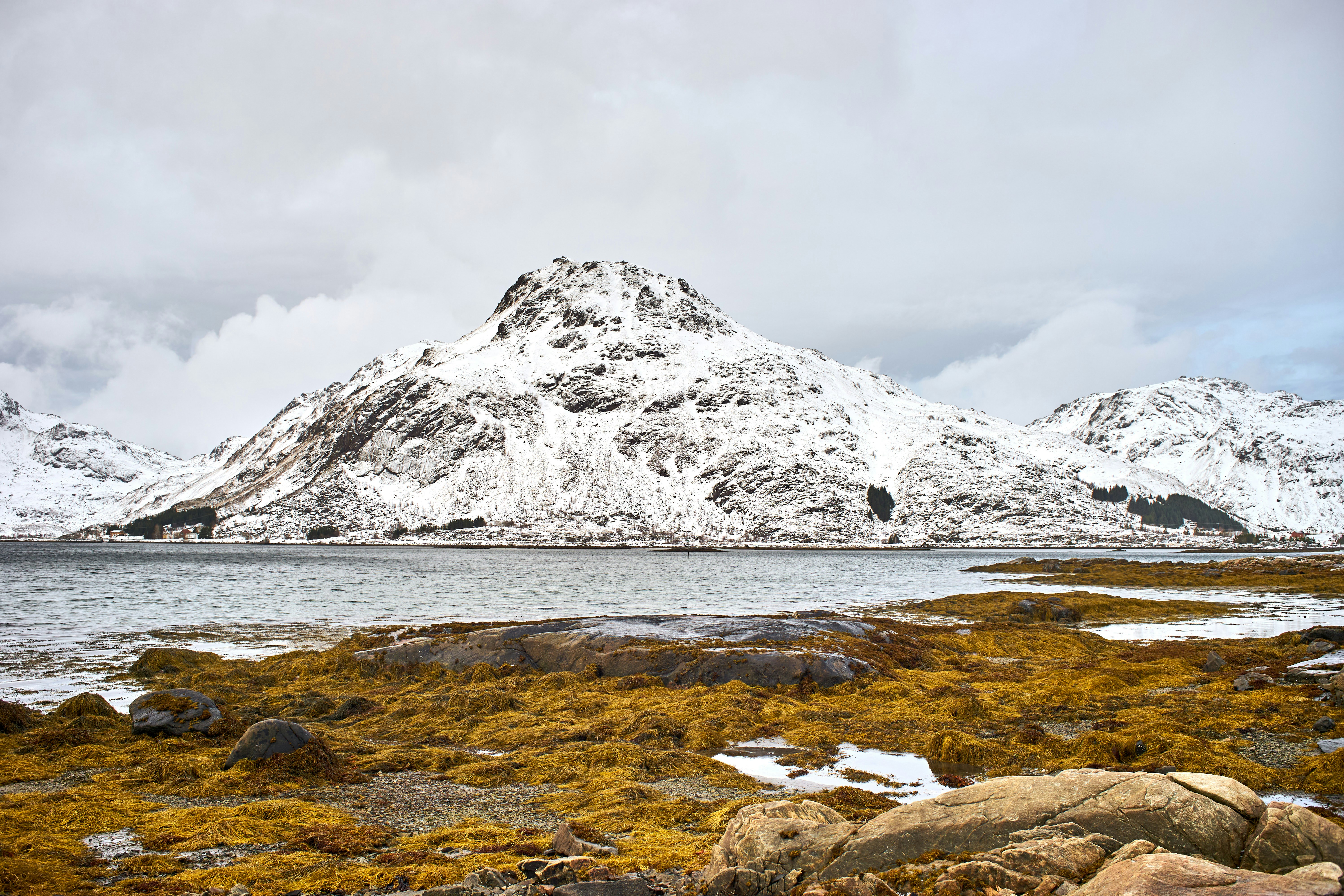 Snow-covered mountain range overlooking a calm body of water.