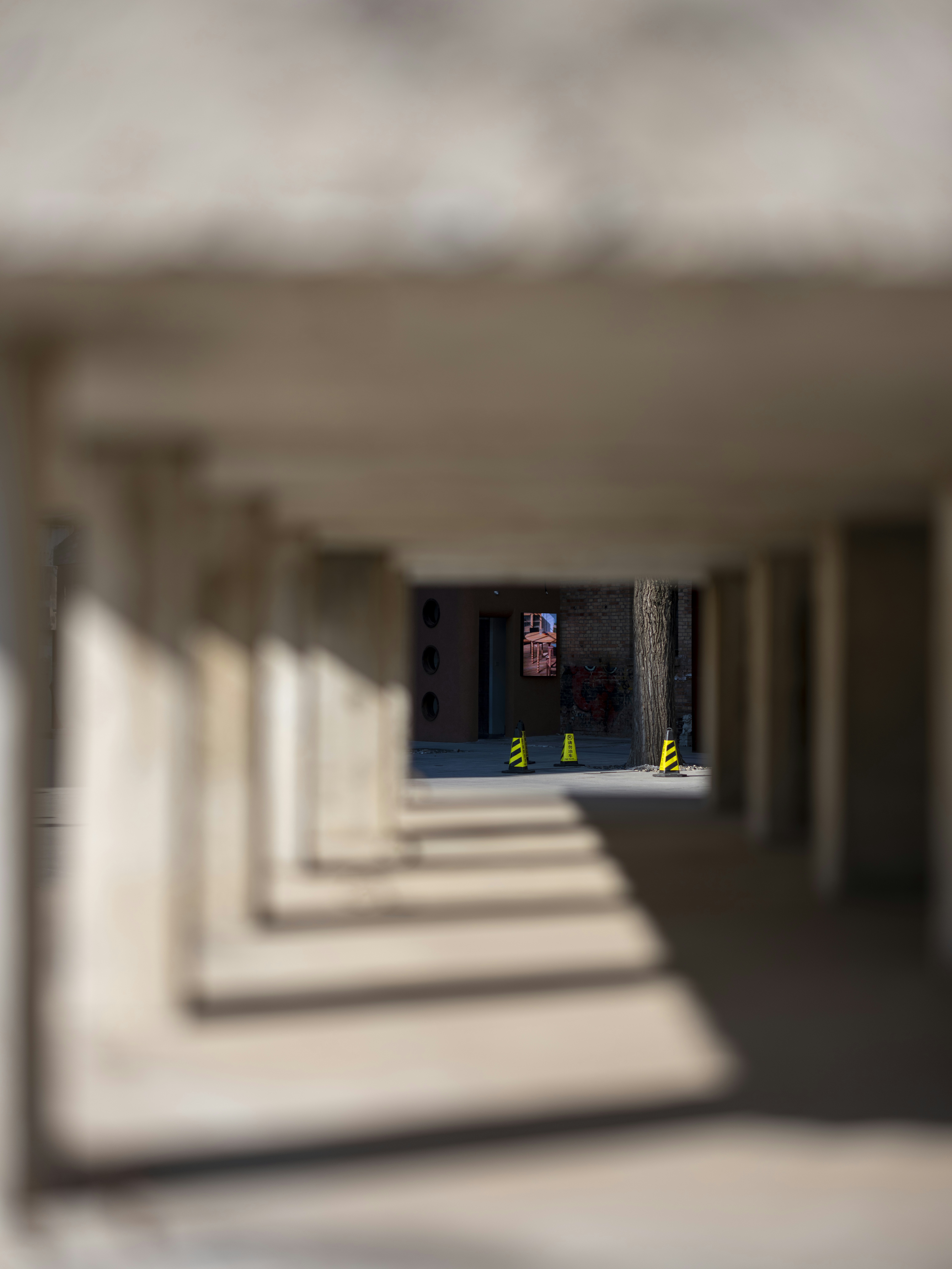 Concrete pillars cast shadows on a walkway