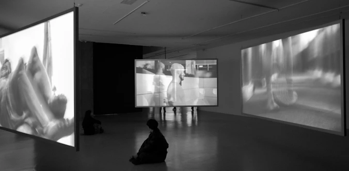Visitors watching video installations in a dark gallery — figures silhouetted against projected light, echoing the Mori & Brunet two-person show