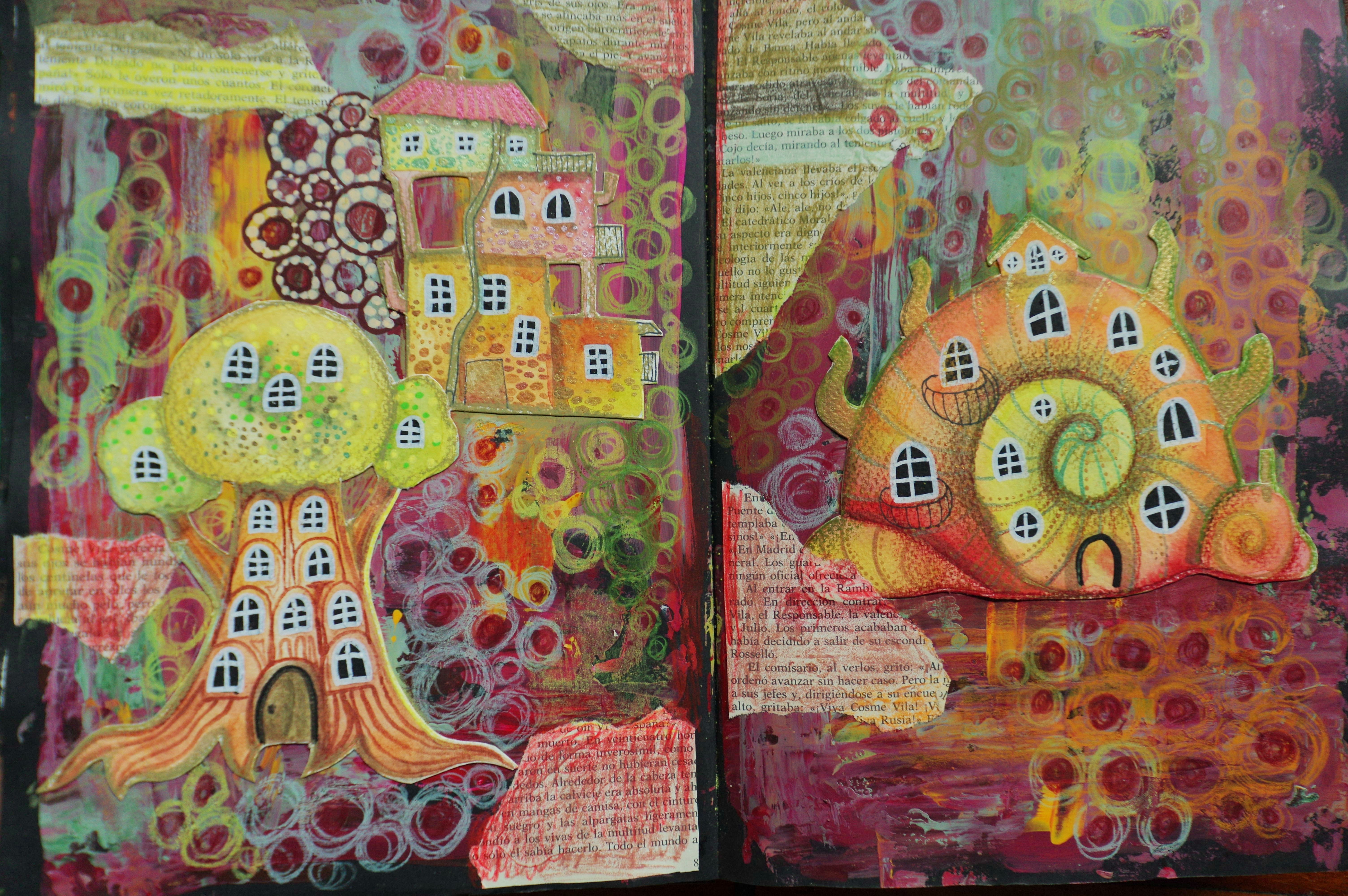 Whimsical artwork of a snail house and treehouse village.
