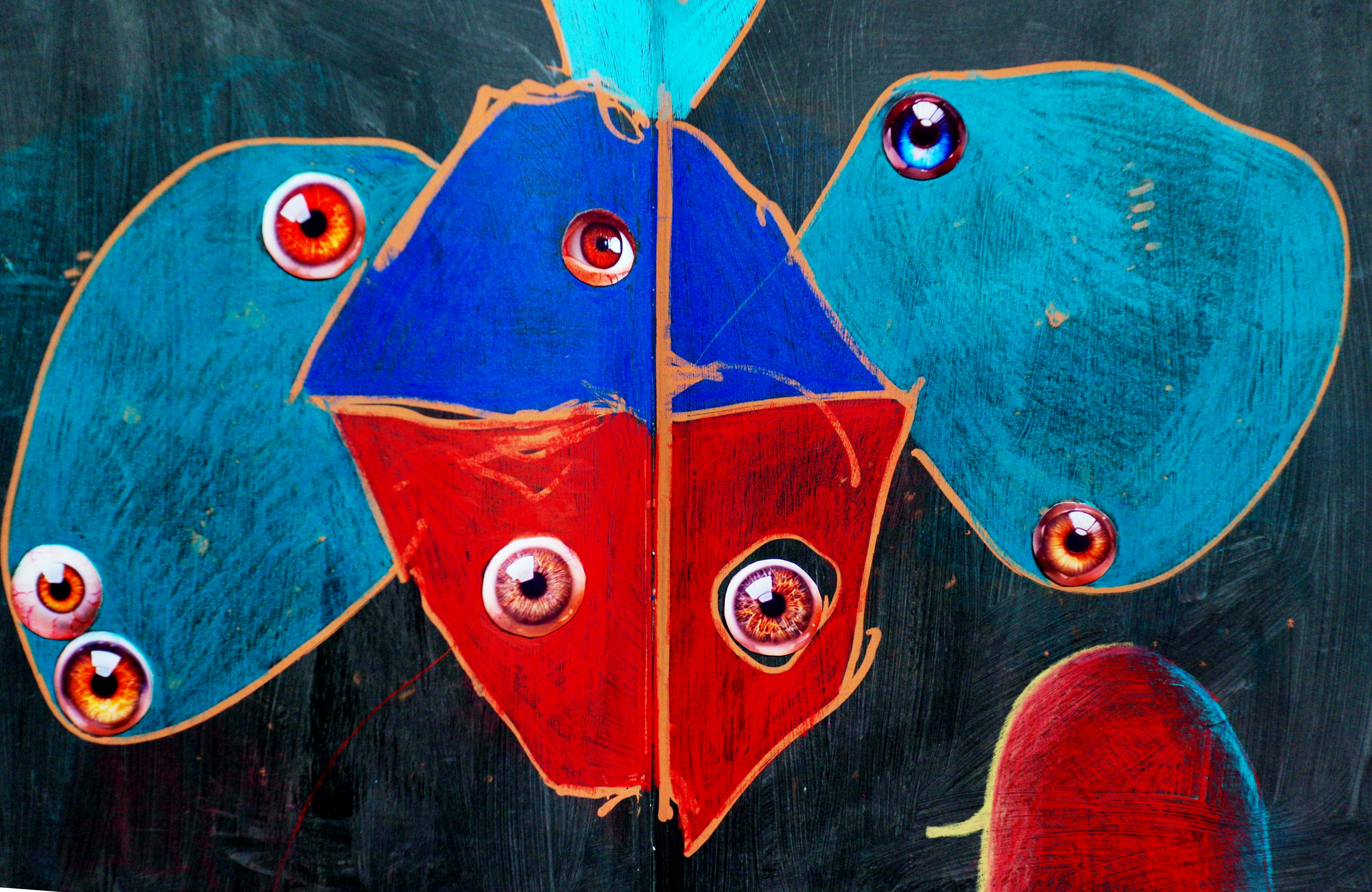 Abstract art with blue and red shapes and eyes