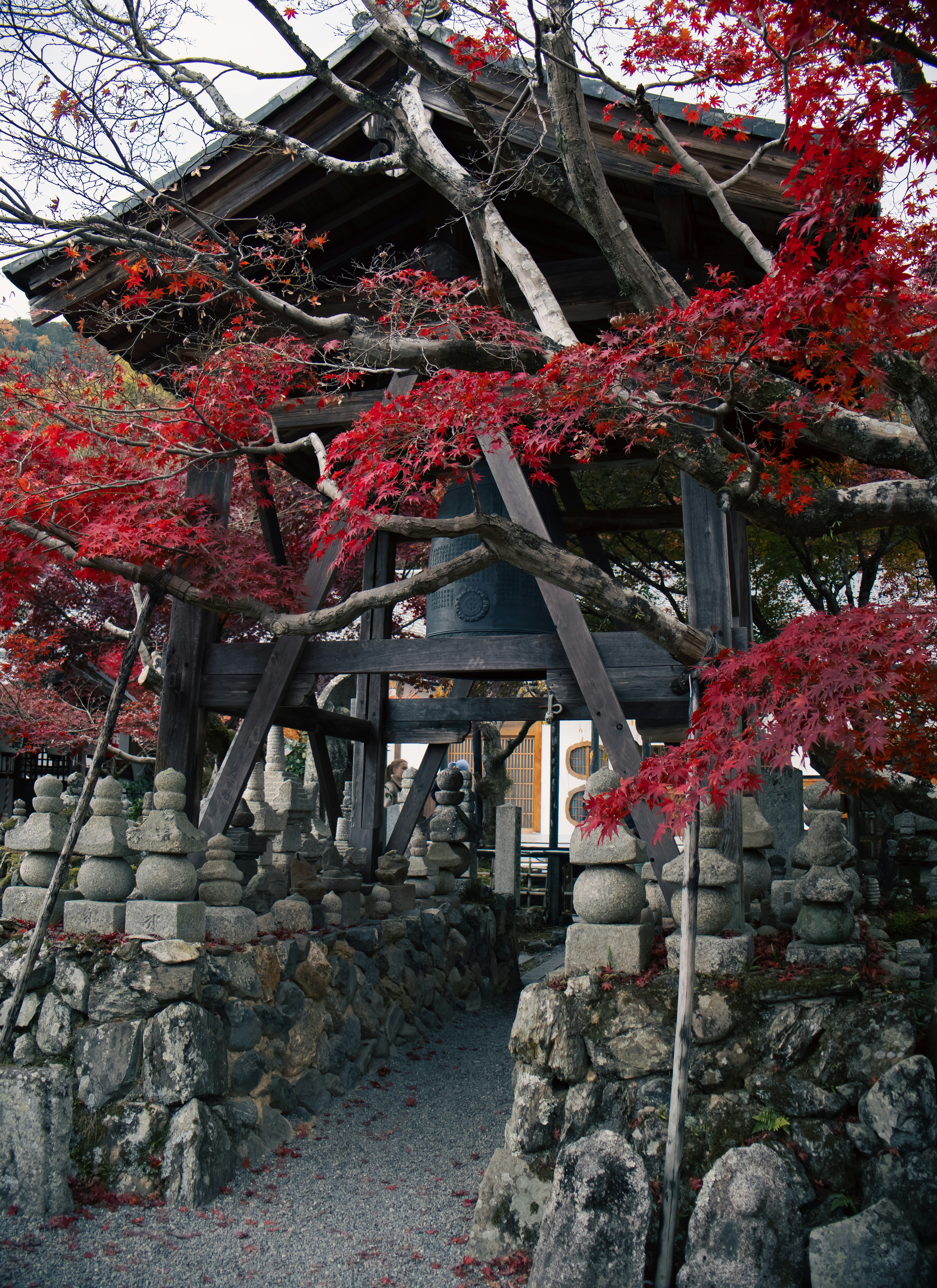 Temple bell tower surrounded by vibrant red autumn leaves
