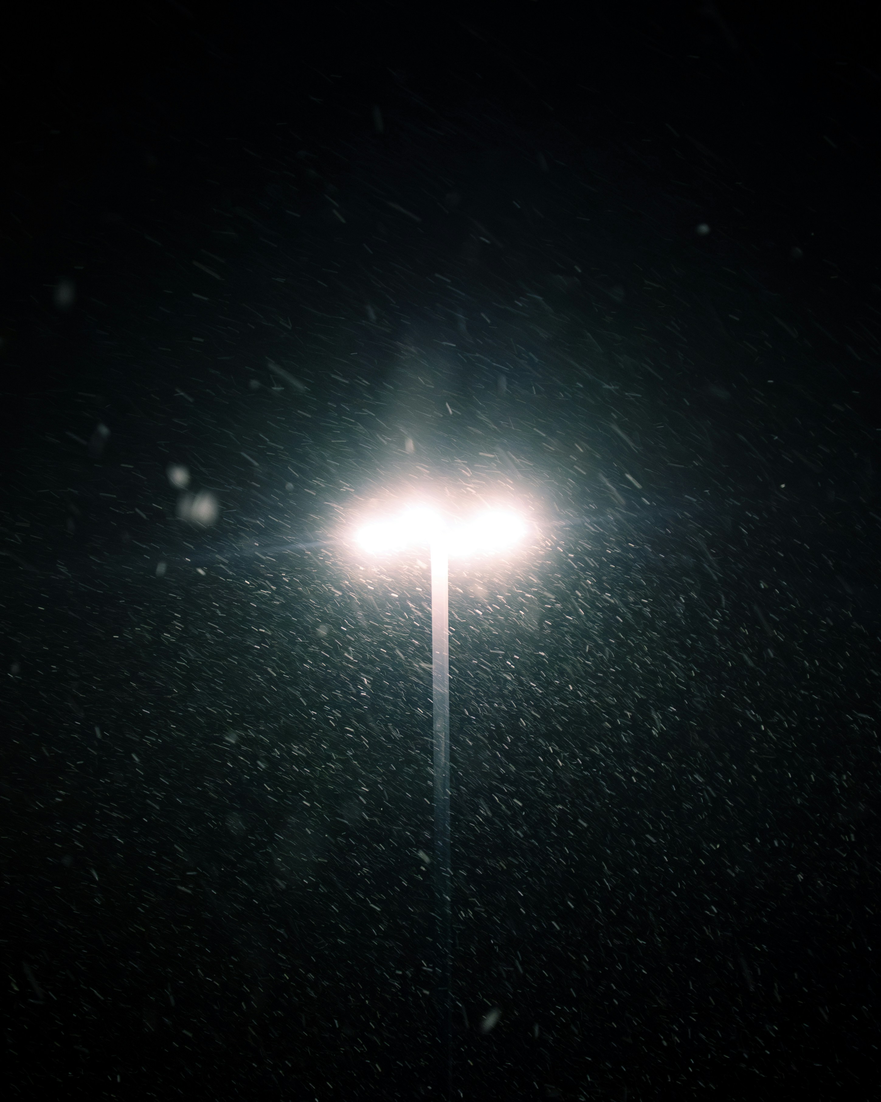 가로등이 밤에 내리는 눈을 비춘다.