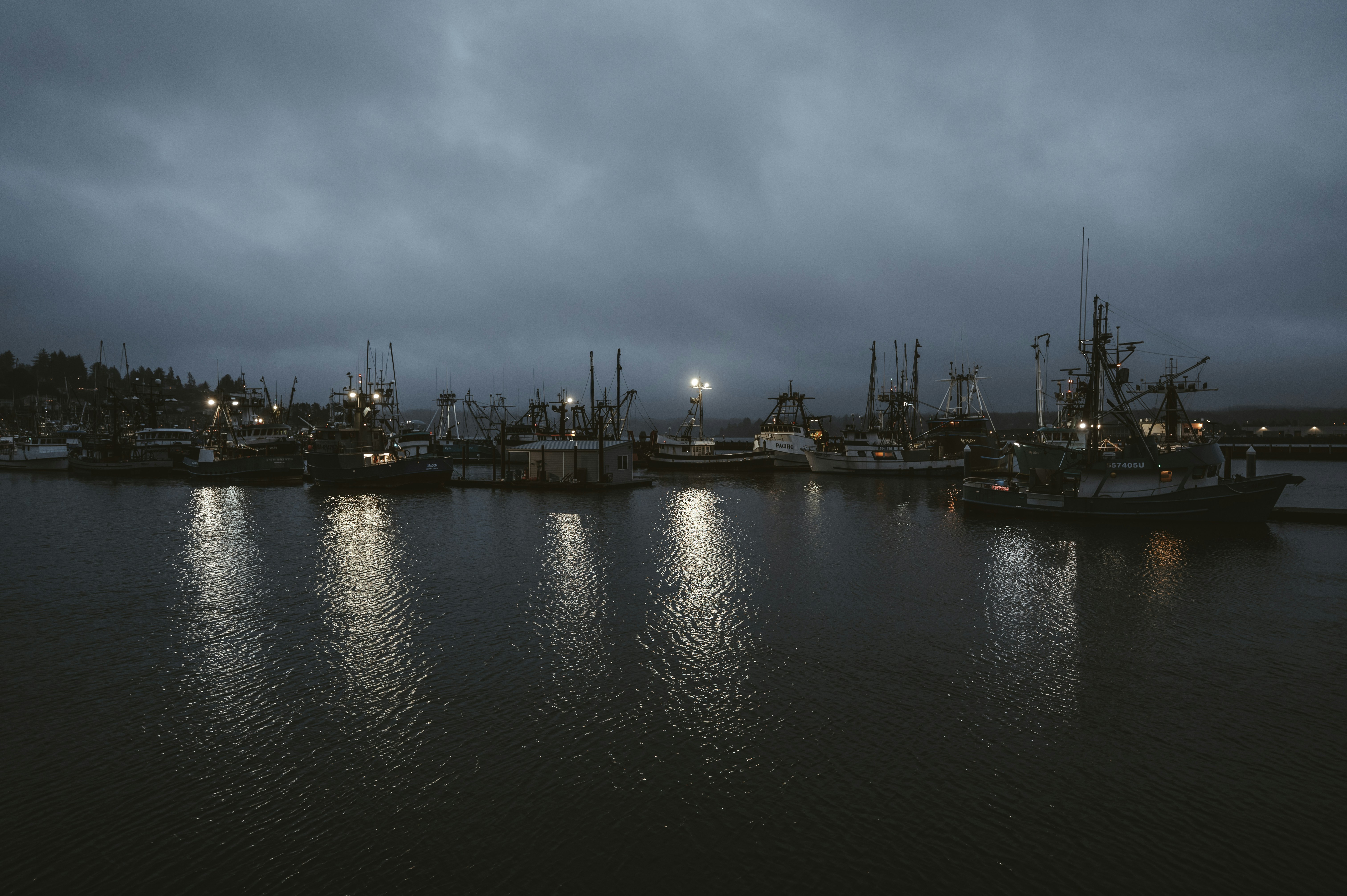 Fishing boats docked at harbor under cloudy sky