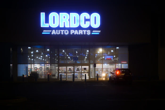 Auto parts store at night