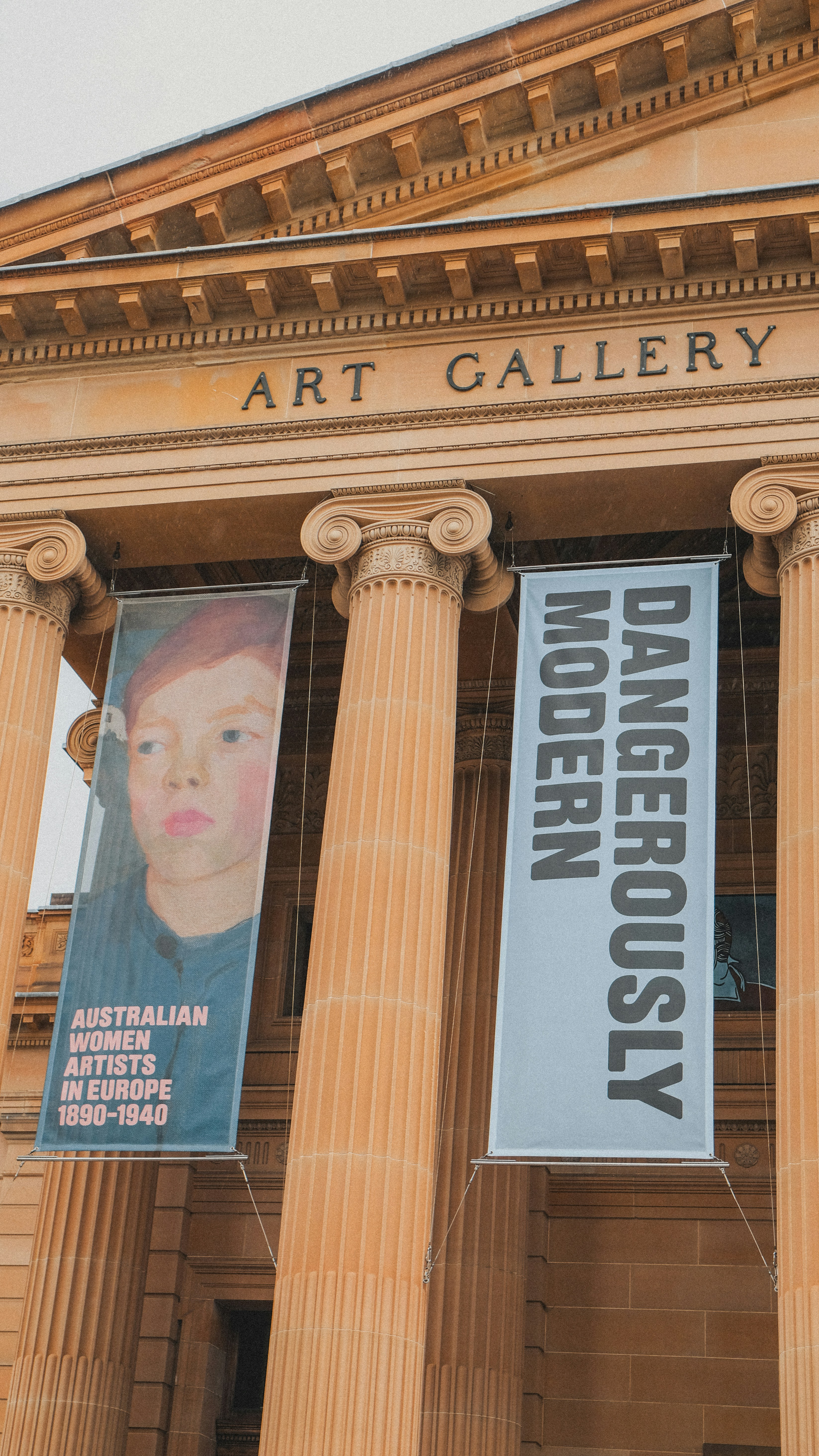 Art gallery with banners for exhibitions
