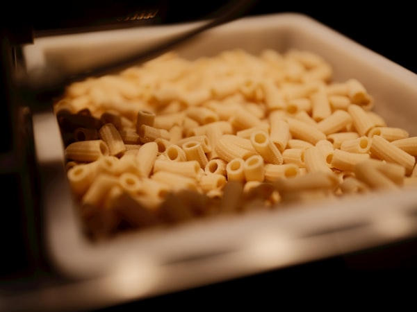 Macaroni pasta prepared in a white bowl