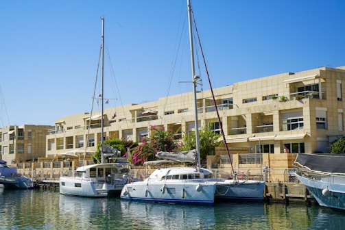 Modern apartment buildings overlook docked sailboats in a sunny marina.