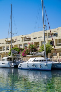 Two white sailboats docked near a building.