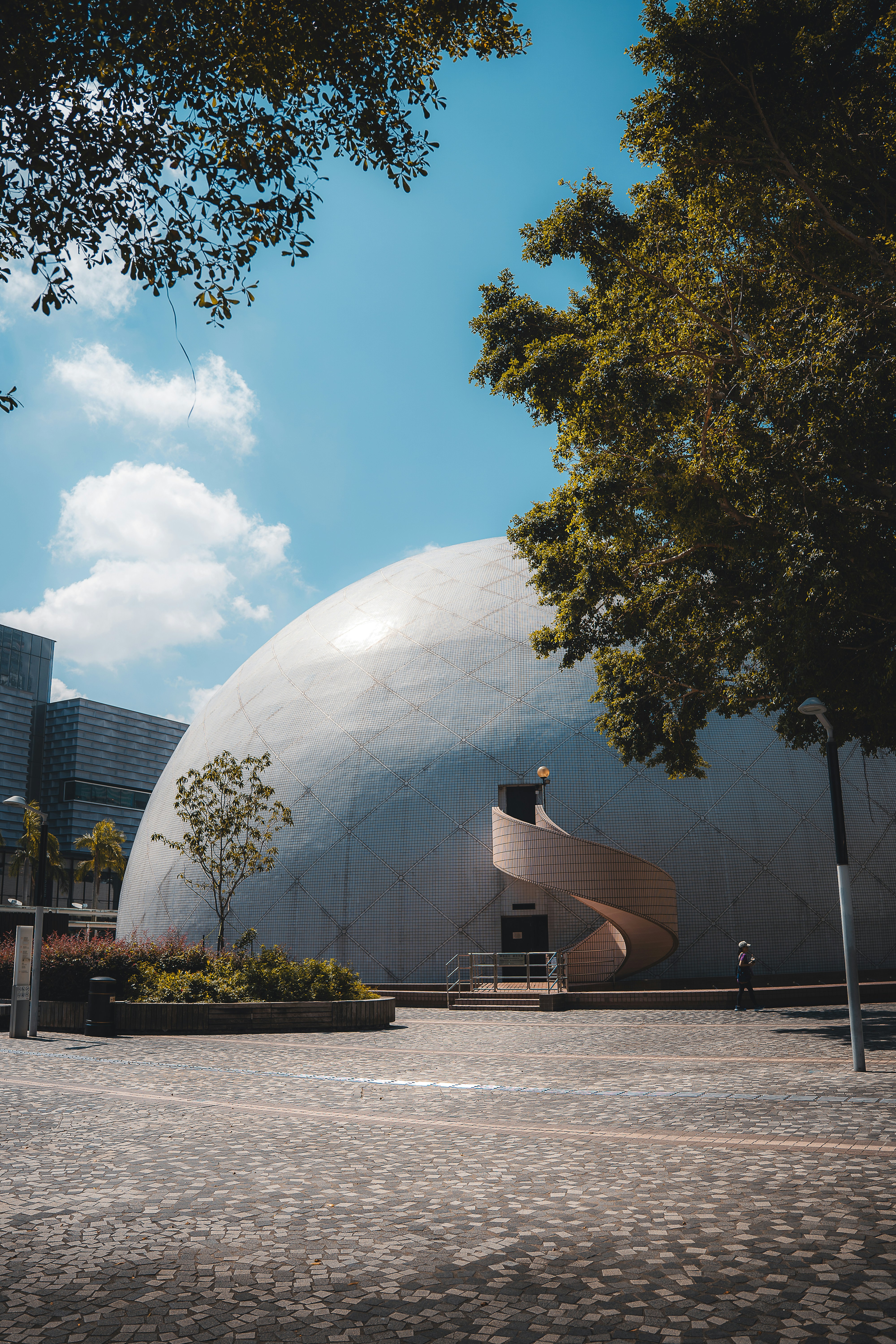 Modern building with a spiral staircase and trees