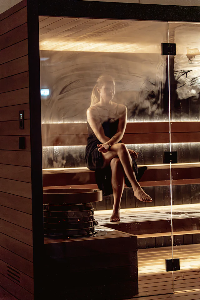 Vrouw ontspant in een stomende houten sauna