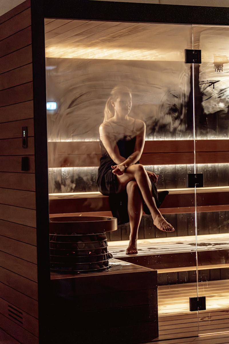 Person relaxing in a sauna